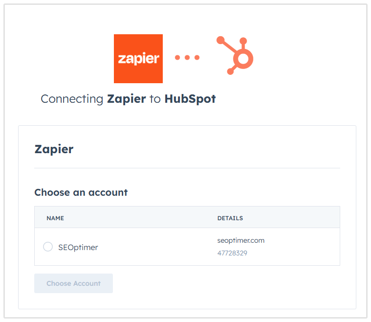 Zap Hubspot Choosing Account